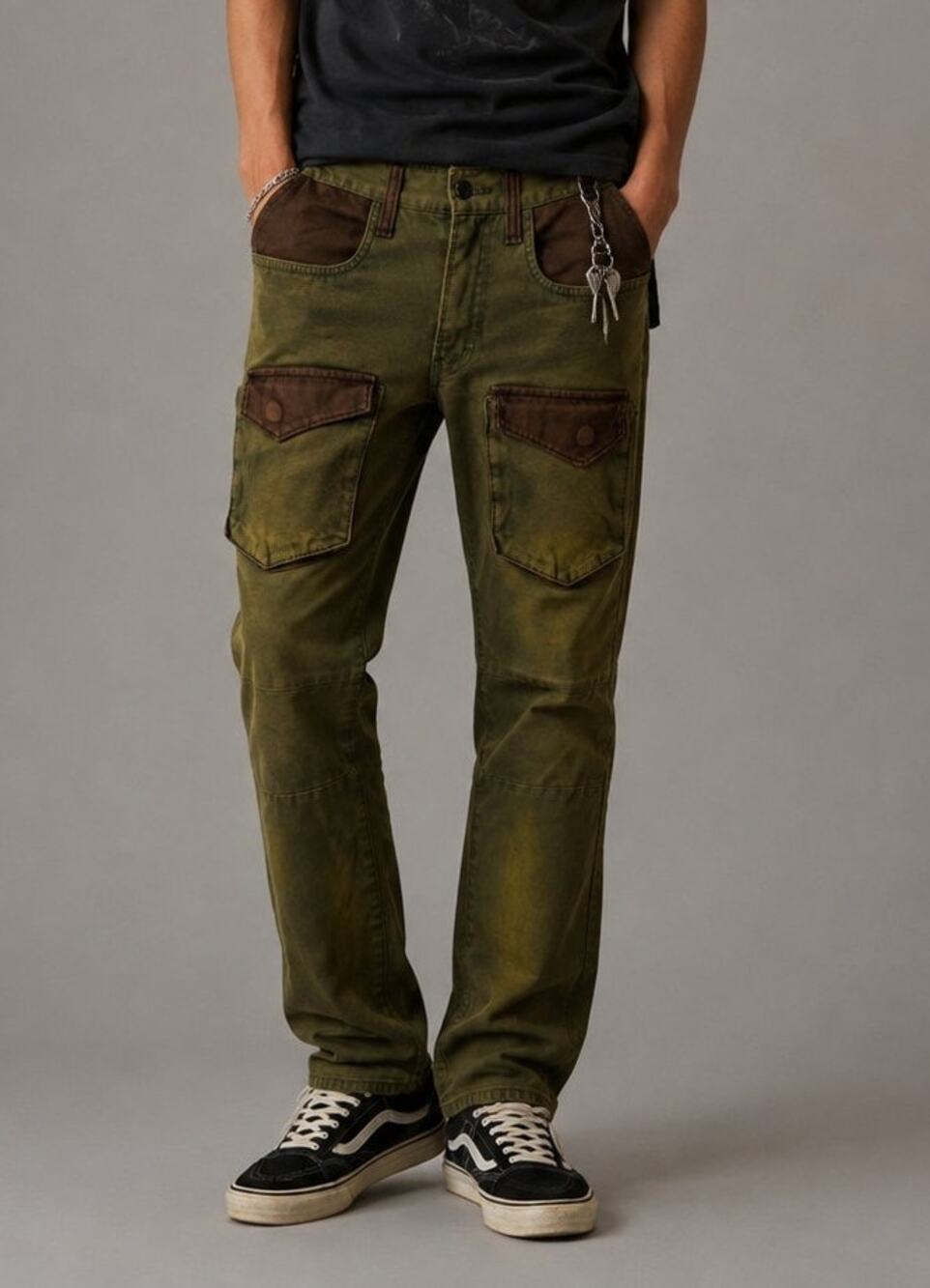 Y2K Chiriboy Monster Mens Utility Cargo Pants Size 30 Washed Green Brown Skater